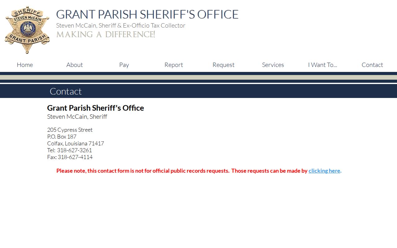 Grant Parish Sheriff's Office contact page for arrest and incident records