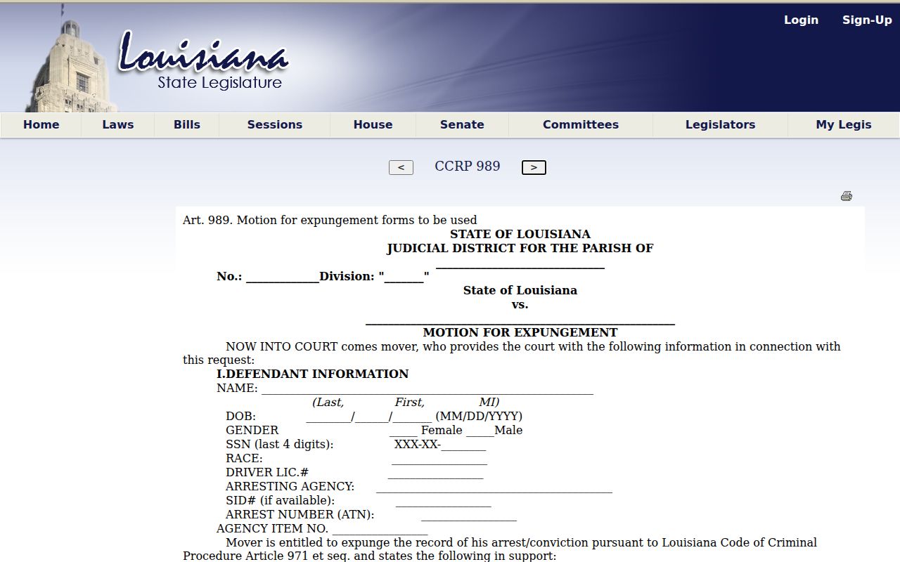 Louisiana uniform expungement motion for a Colfax-related Grant Parish case
