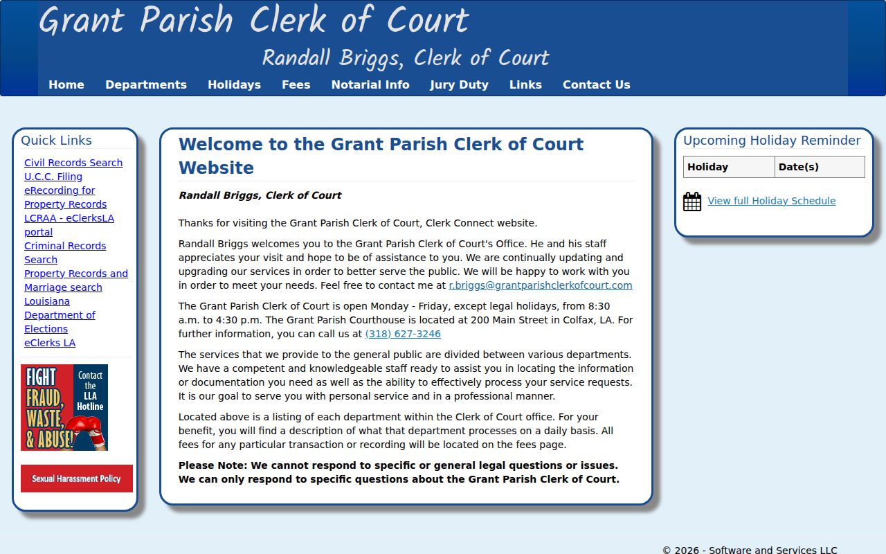 Grant Parish Clerk of Court departments page for criminal record responsibilities