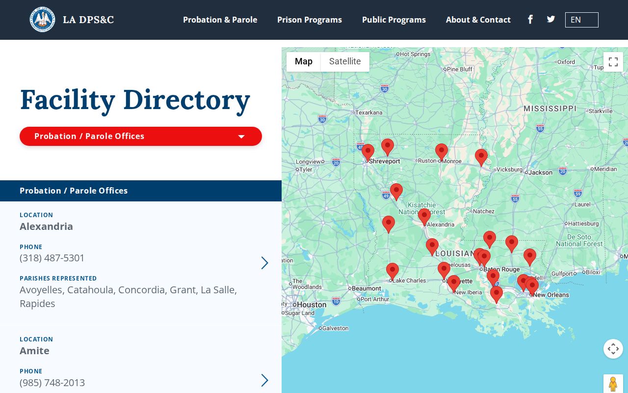 Louisiana probation and parole office directory for Montgomery and Grant Parish supervision records