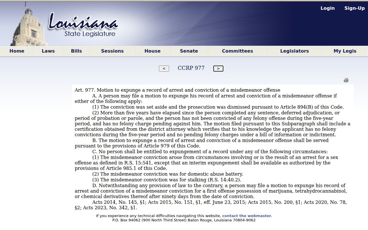 Louisiana misdemeanor expungement statute for a Montgomery-related record