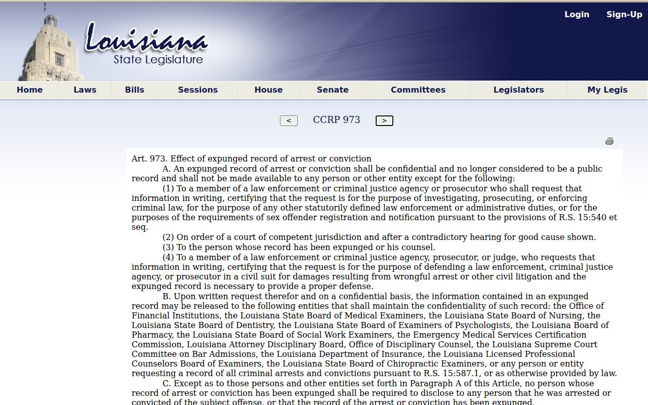 Louisiana Article 973 explaining the effect of expungement on Montgomery records