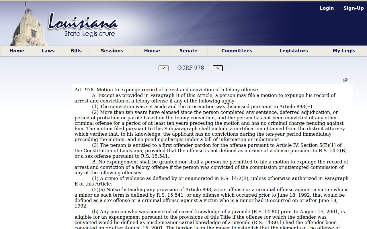 Louisiana felony expungement law relevant to Montgomery and Grant Parish cases